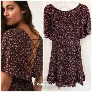 Free People Floral Lace Up Dress Western Coquette Smocked Baby Doll Ruffle